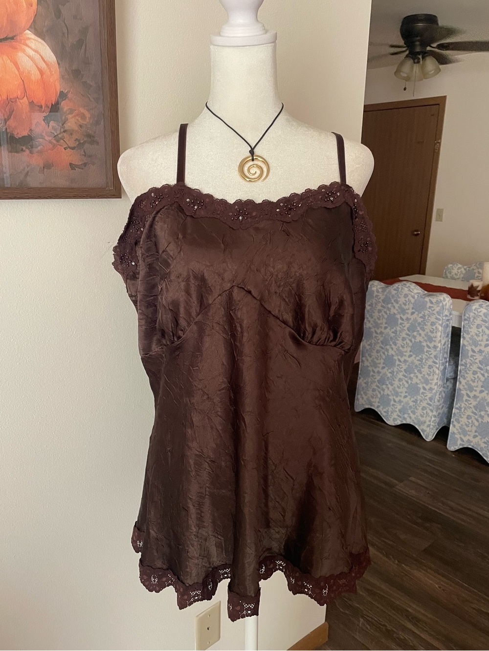Fashion Bug 90s Y2K Vintage Brown Crinkled Cami Top Beaded Lace Trim Size 18